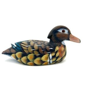 Hand Carved Hand Painted Wooden Duck Glass Eyes 2008 Artist Signed 6"W x 3"H